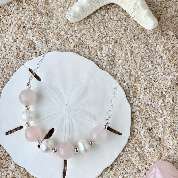 Sterling Silver Genuine Rose Quartz & Pearl Floating Necklace - Picture 3 of 4